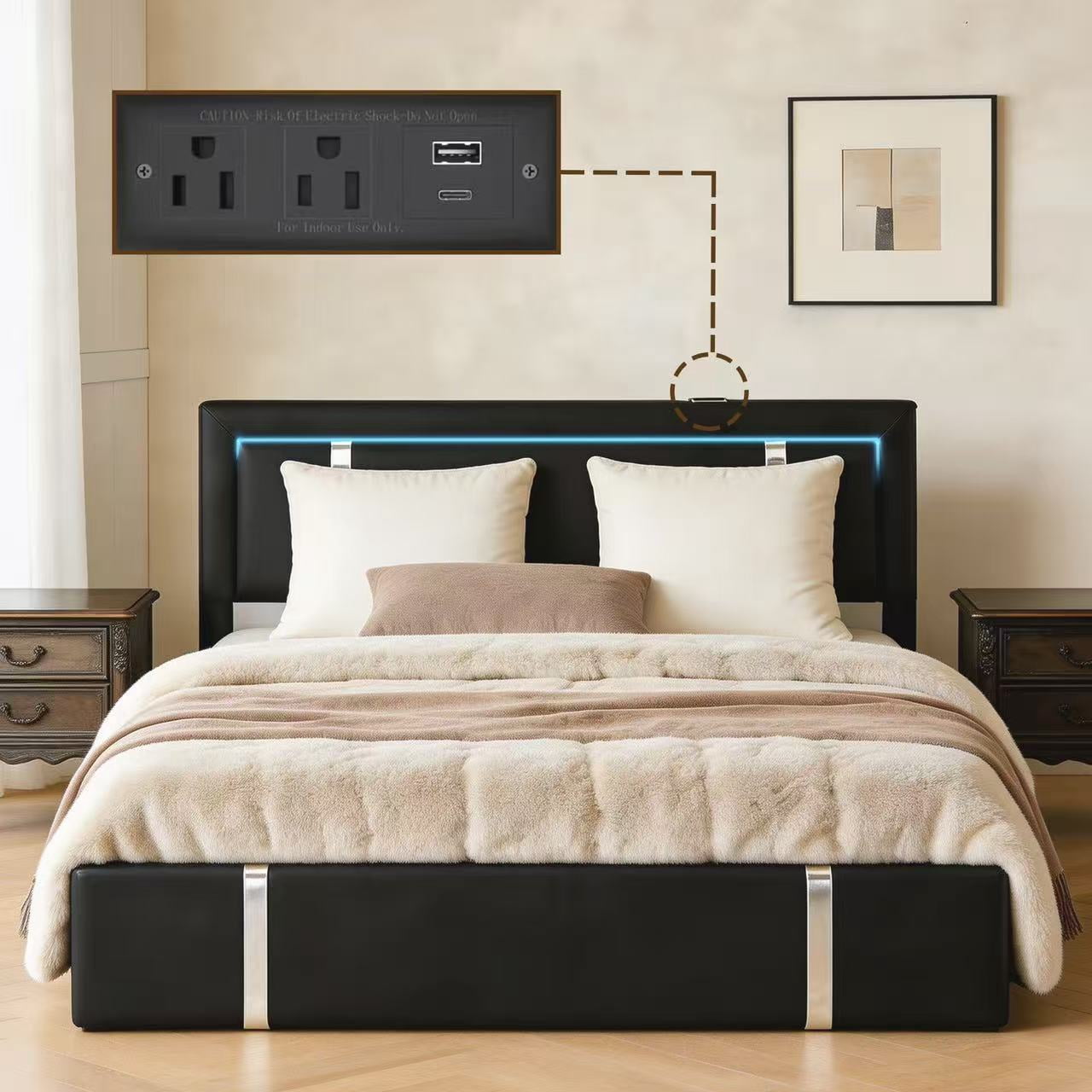 Mintazer Full Lift Up Storage Bed Frame with LED Lights & Charging Station, Upholstered Platform Bed with Adjustable Headboard for Bedroom, Black