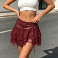 thumbnail image 2 of Wxolcjlv Womens Lace Tiered Mini Skirt Faux Leather Waist Lace‑Up Detail Club Short Skirts, 2 of 4