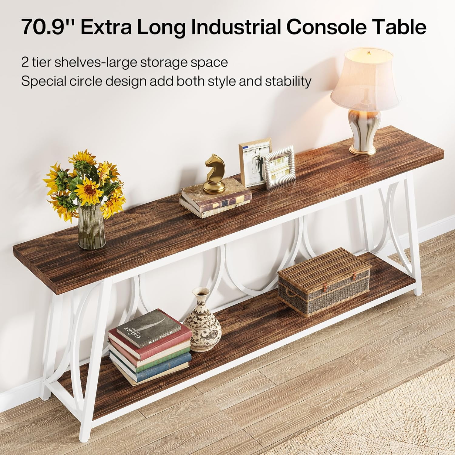 Tribesigns 70.9" Extra Long Console Table, Industrial Wood Narrow Sofa Table for Entryway, White