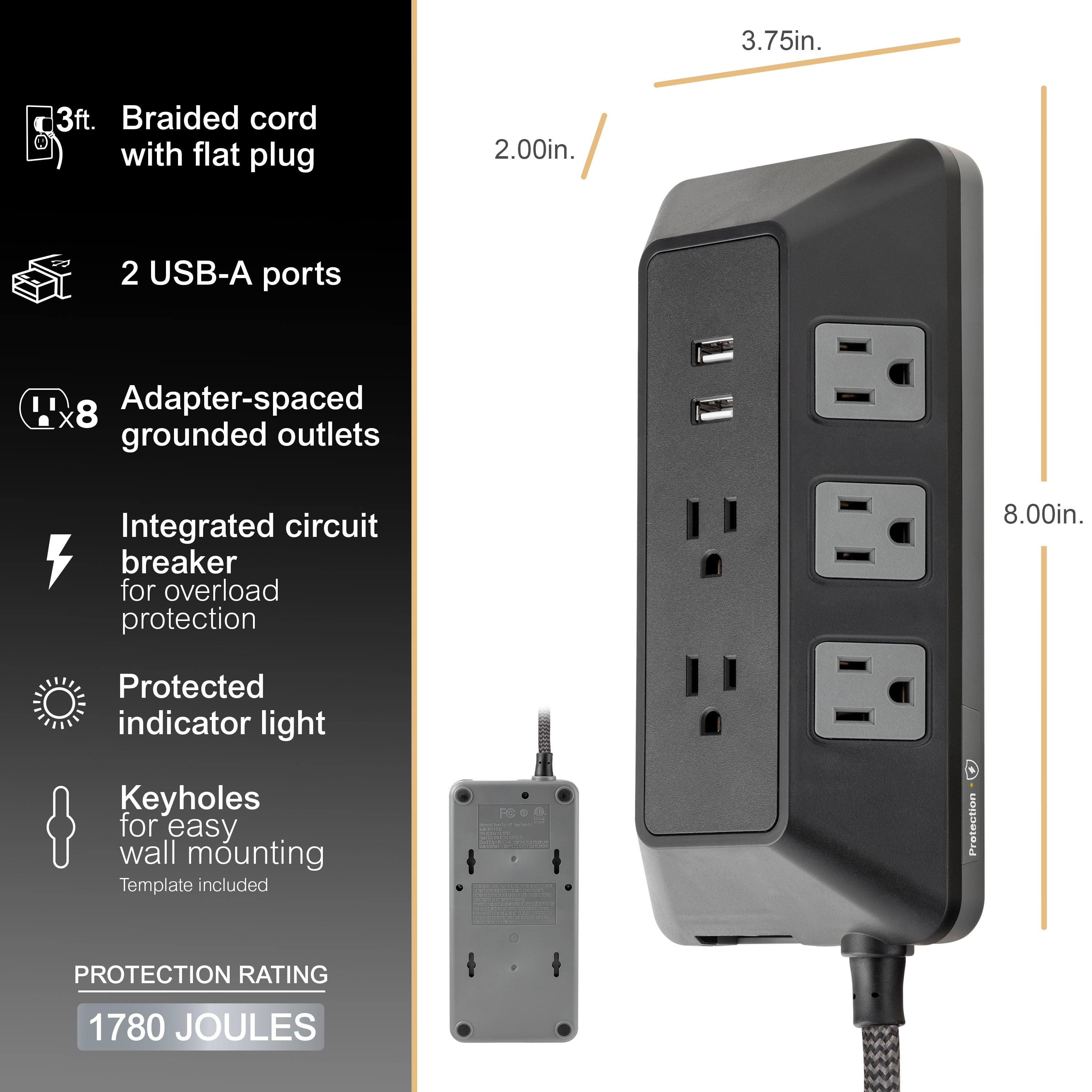 GE Adapt 8-Outlet Surge Protector with USB, Turtle, 1780J, 2 USB-a Ports, 2.4a, 3ft Braided Cord, Black