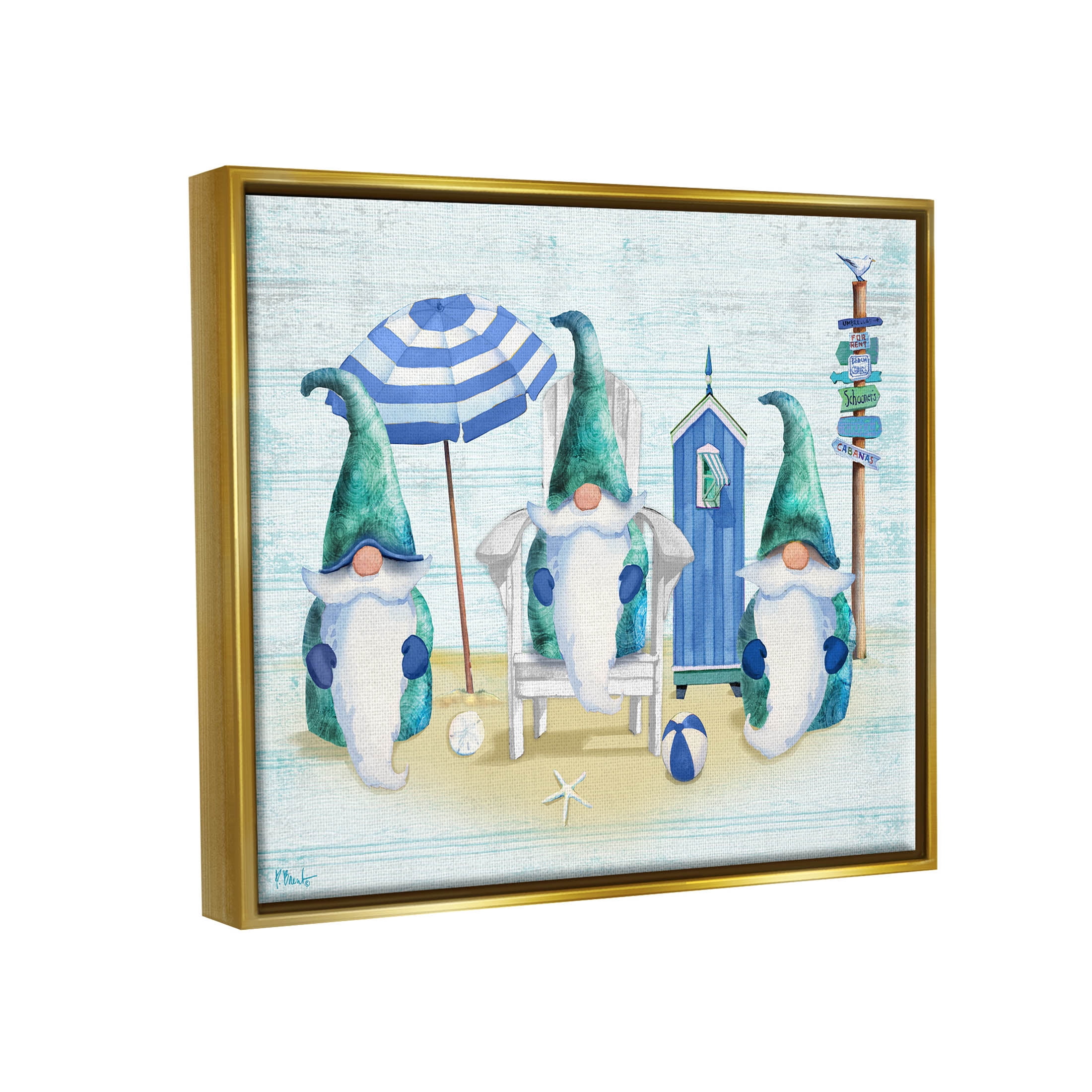 Nautical Beach Gnome Trio Fairy Tales & Fantasy Graphic Art Metallic Gold Framed Art Print Wall Art