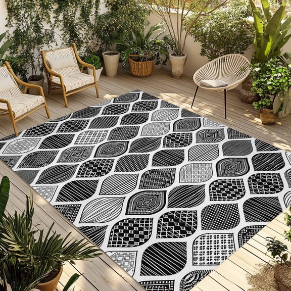 Watercolor Moroccan Outdoor Area Rug 3x5ft Decorative Indoor Outdoor Rug Geometric Black Patio Area Rug for Porch, Deck, Balcony, Entryway, Camping & RV