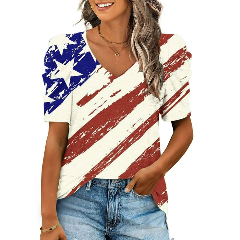 Women's American Flag Print Loose Fit Shirts Dressy Blouse Elegant