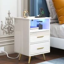 White LED Nightstand with Charging Station, Modern High Gloss Side Table with 2 Drawers and Adjustable Color Lights, High Gloss End Table for Bedroom Living Room