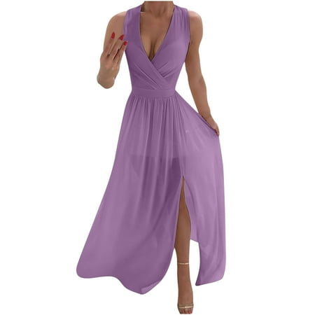 

AOOCHASLIY Formal Dresses for Women Clearance Ladies Trendy Solid Color V-Neck Cross Split Long Sleeve Gown Dress
