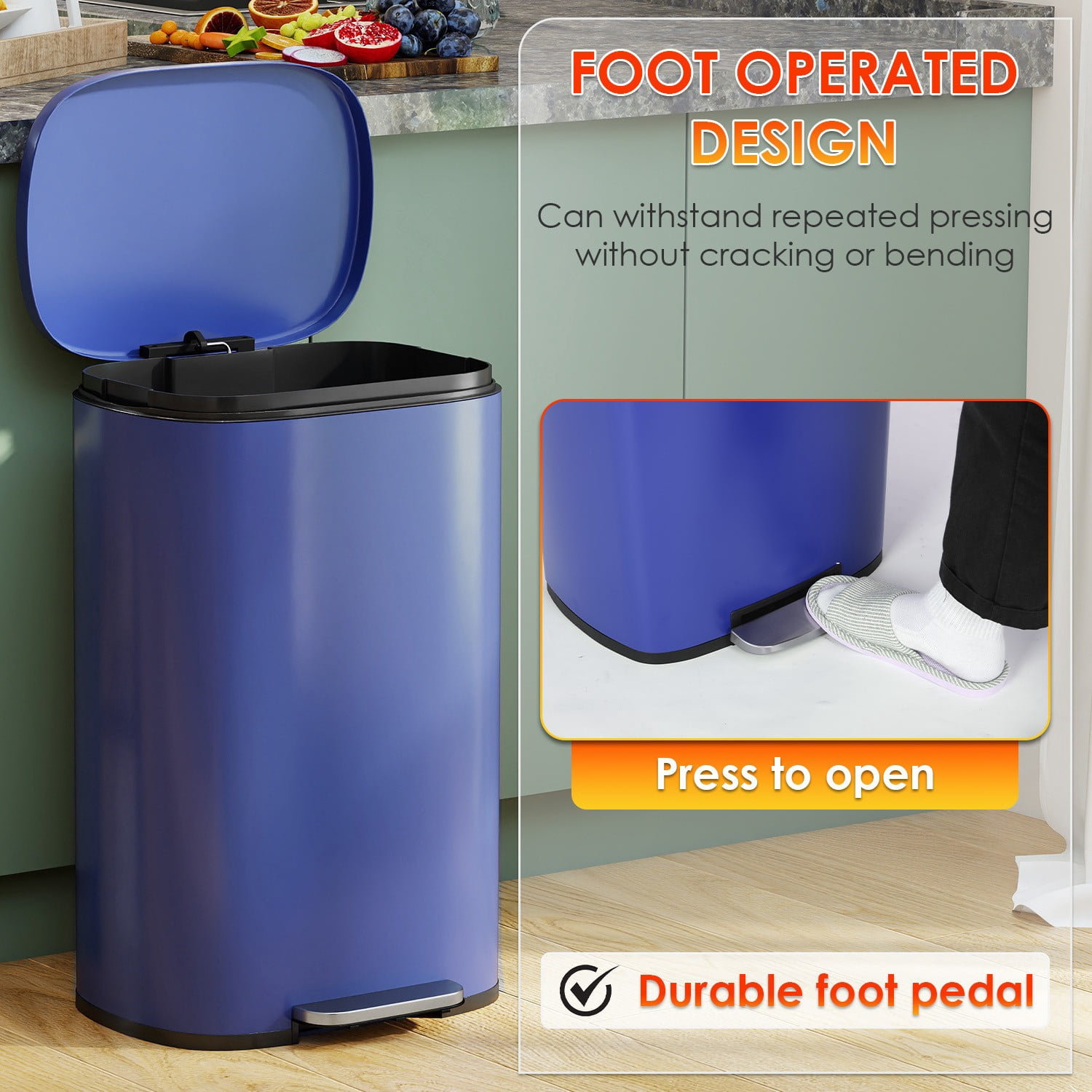 FASCK 13 Gallon/50 L Garbage Can Kitchen Trash Can with Lid for Office Bedroom Bathroom Step Trash Bin Fingerprint-Proof Brushed Stainless Steel 13 Gallon / 50 Liter,Deep Blue