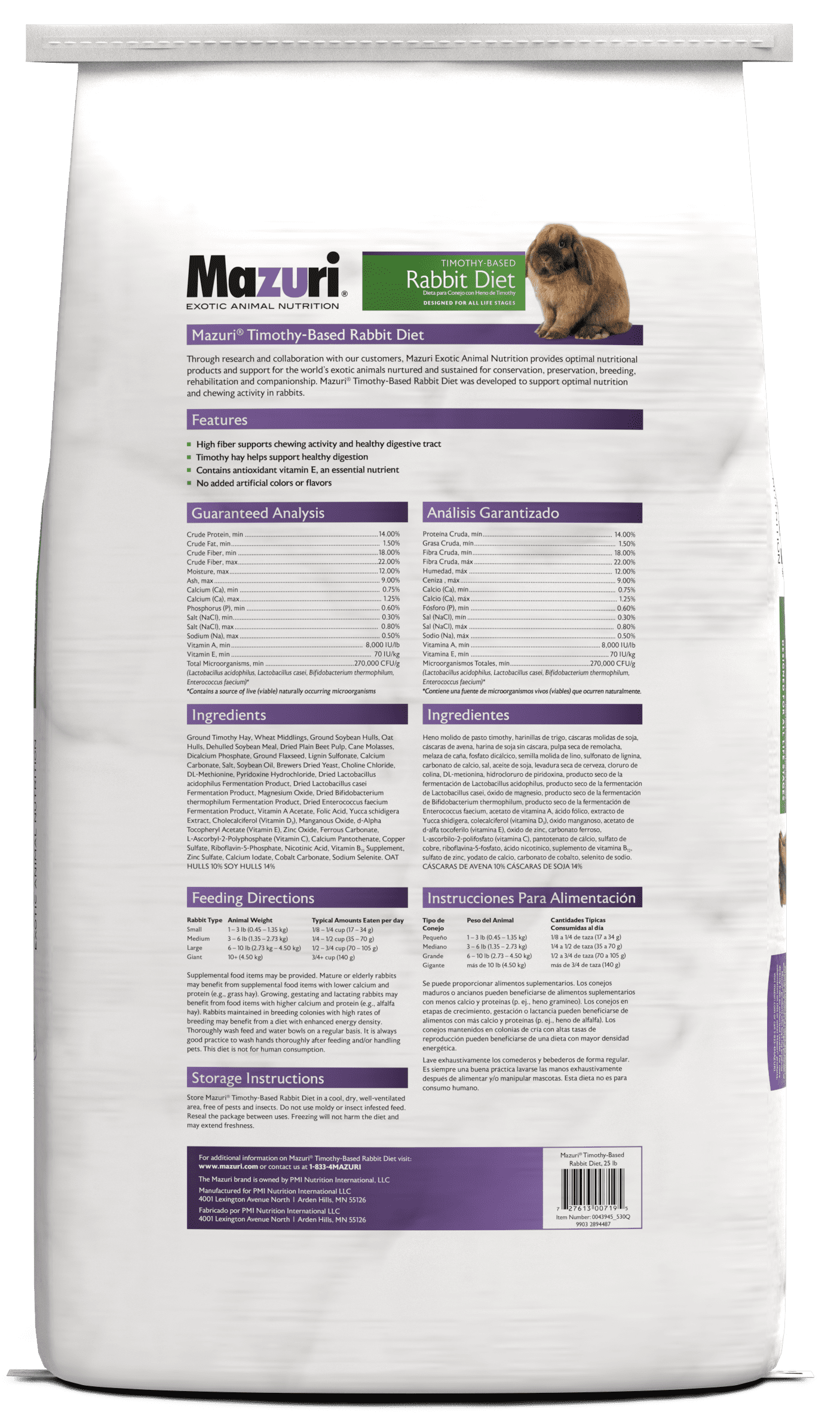 Mazuri Rabbit Diet, Nutritionally Complete Timothy Hay-Based Rabbit Food, 25 lbs