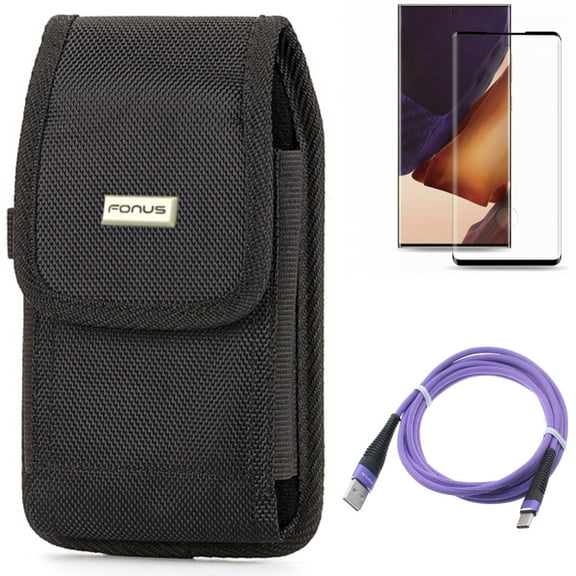 Case Belt Clip & Screen Protector & 6ft USB Cable for Samsung Galaxy Note 20 Ultra (6.9") - Combo with Rugged Holster & Tempered Glass (Fingerprint Unlock) & Purple Type-C