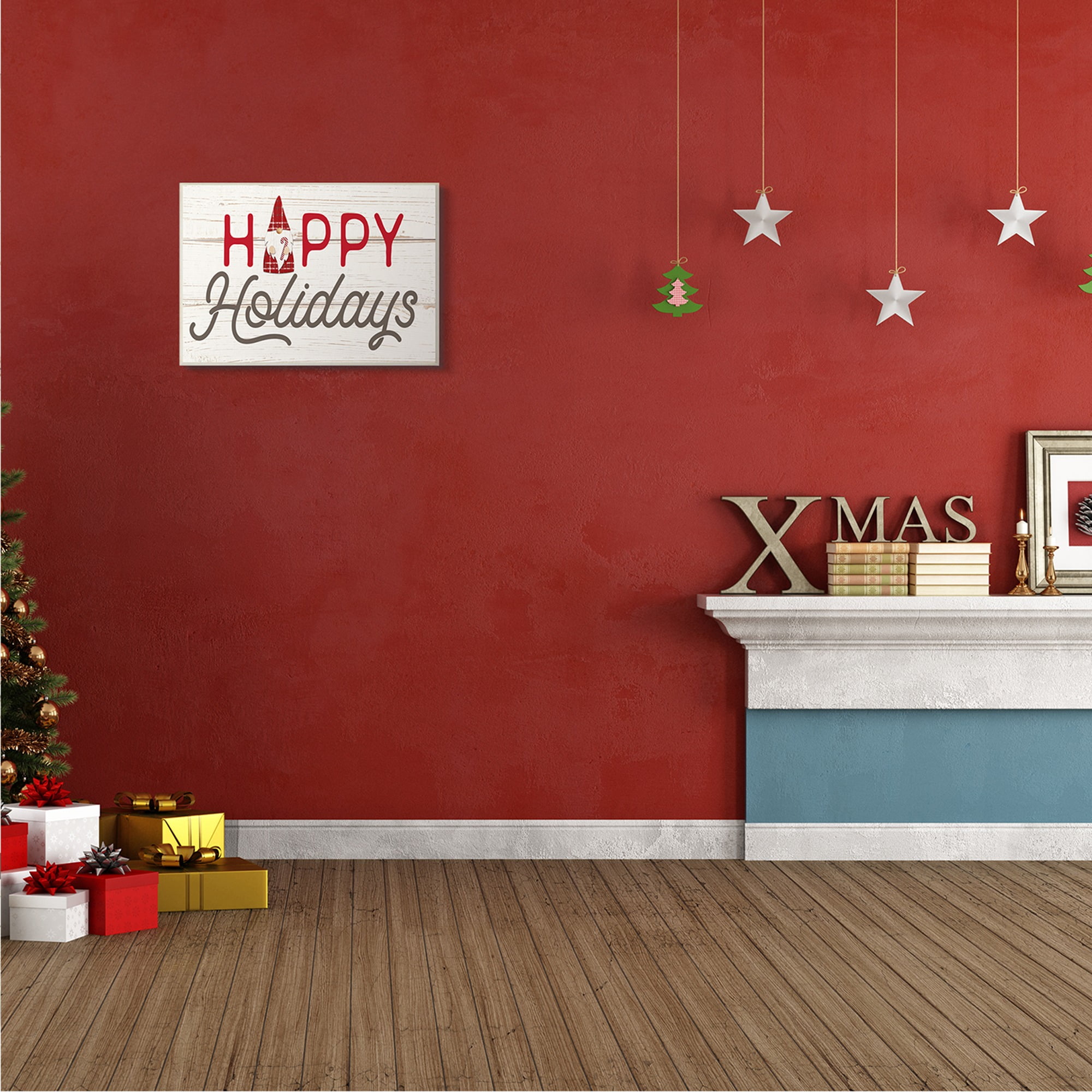 Stupell Industries Happy Holidays Phrase Festive Plaid Christmas Gnome Fairy Tales & Fantasy Painting Unframed Art Print Wall Art, 13 x 19