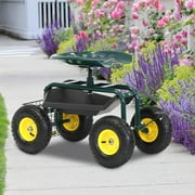 Kinbor Rolling Garden Cart with Seat, Garden Scooter Rolling Stool Gardening Cart with Storage Basket & Swivel Seat, Green