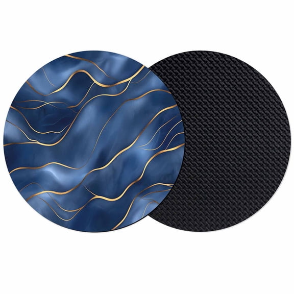 Navy Blue Marble Coasters Set of 2, Abstract Modern Golden Geometric Absorbent Coasters for Drinks, Coaster for Bar Office Dining Coffee Table Accessories Decor, Non Slip Round Desk Coaster