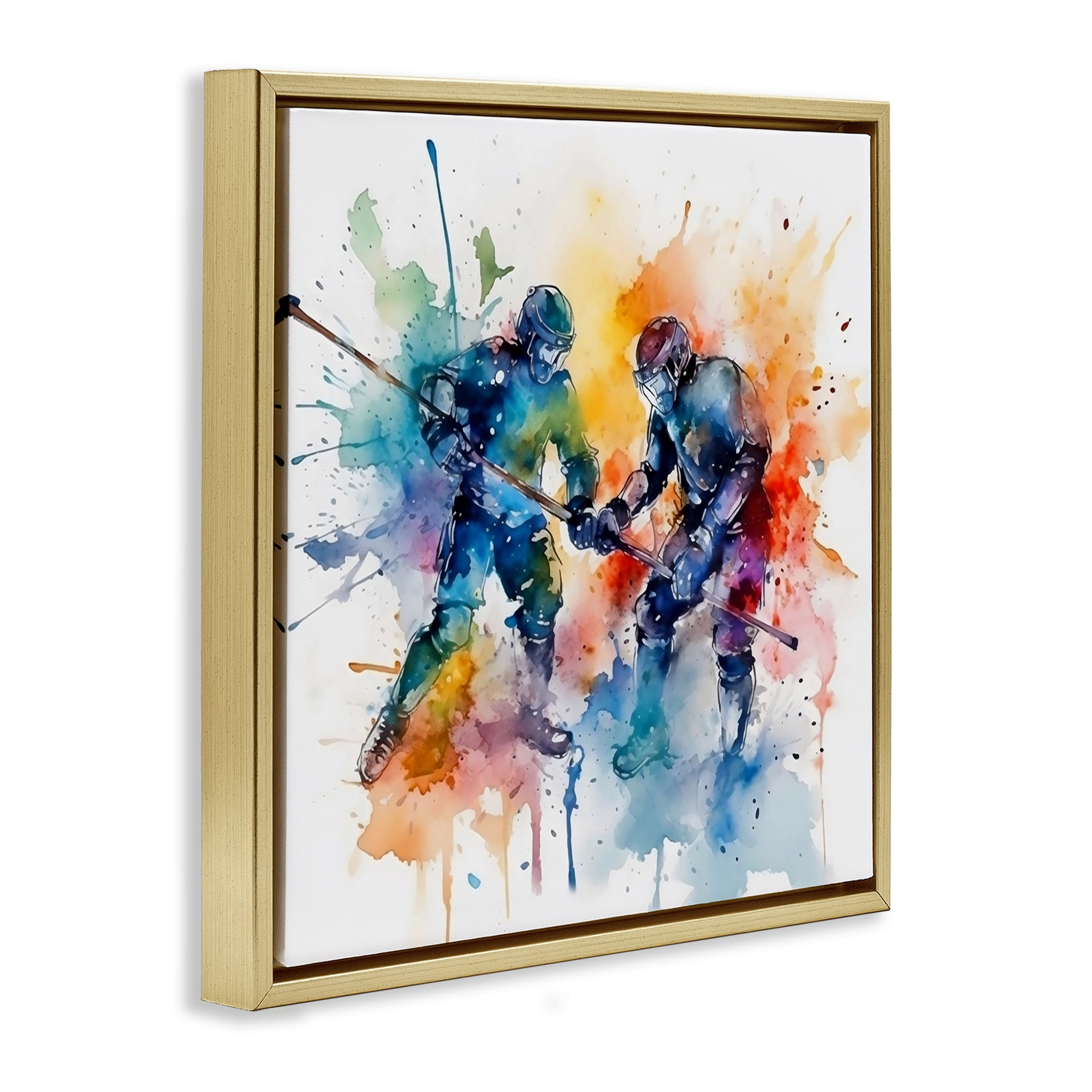 Stupell Industries Watercolor Hockey Faceoff Gold Framed Floater Canvas Wall Art, design by Creative Studio