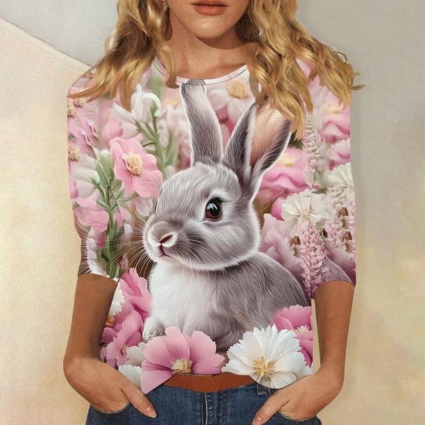 TaTaai Womens Casual Easter Printed Top 3/4 Sleeve Round Neck Loose Fit T Shirt Fashion Pullover Soft Comfortable Lightweight Blouse for Spring Summer Daily Gift