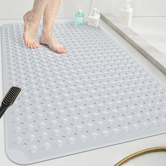 Extra Large Shower Mat 47"x 32", TPE Non Slip Shower Mat for Shower Stall, Inside Walk in Shower Mats with Drain Holes Suction Cups, Anti-Slip for Elderly Kids (Light Grey)