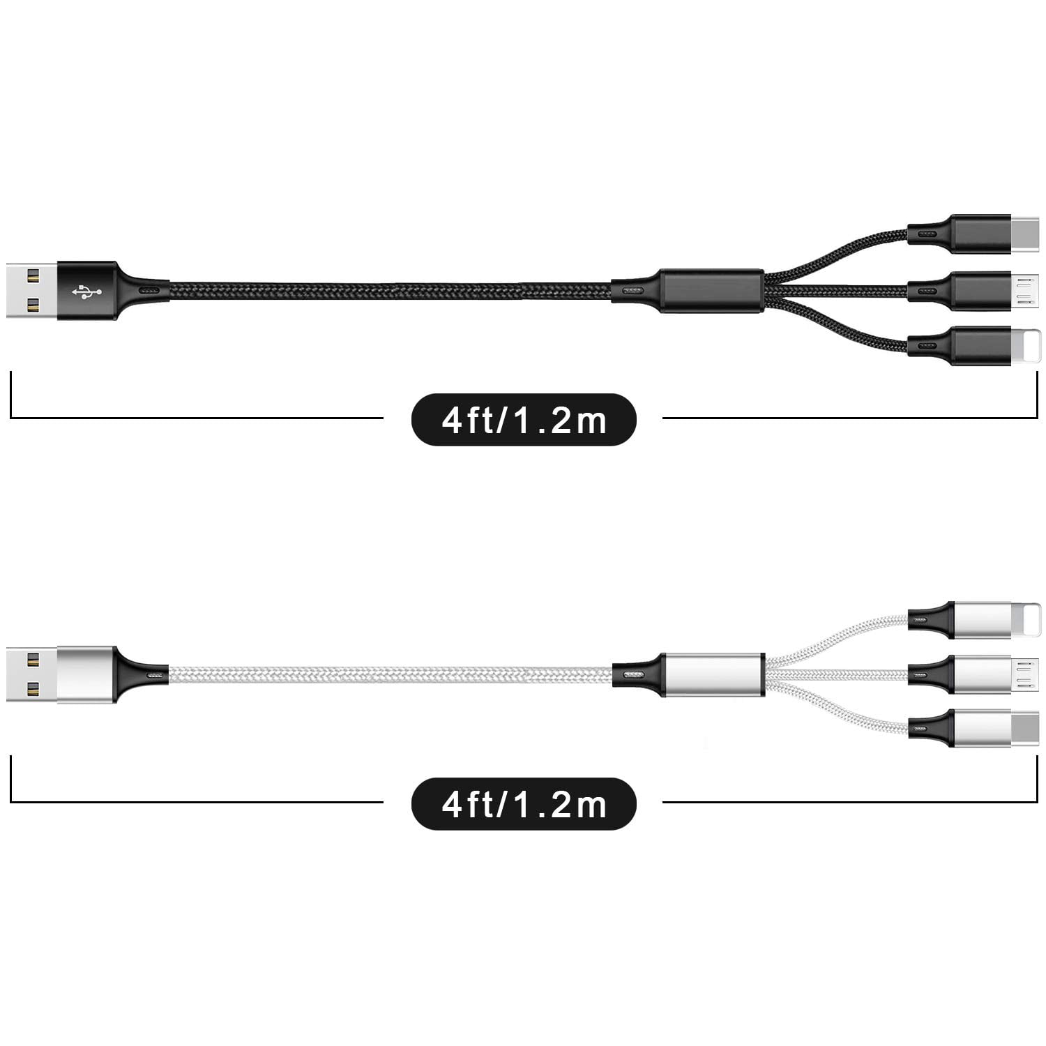 RGHJAR-Multi USB Charging Cable 3A, 3 in 1 Fast Charger Cord Connector with Dual Phone/Type C/Micro USB Port Adapter, Compatible with Tablets iPhone 14 13 12 Pro 8 7 Samsung Galaxy (4FT/2Pack Chargin