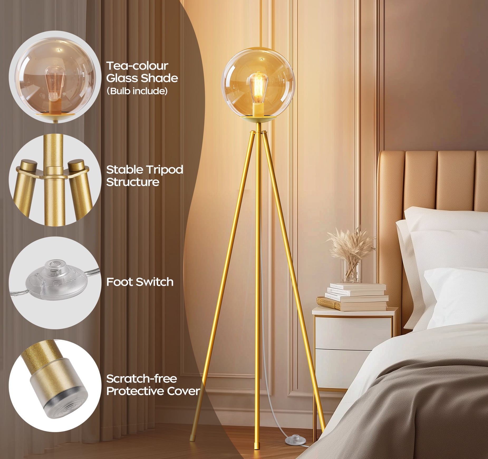 Tripod Floor Lamp for Living Room with Footswitch, Standing Lamp Tall Industrial Floor Lamp Reading for Bedroom, Office (6W LED Bulb and Tea-color Lampshade Included) -Gold