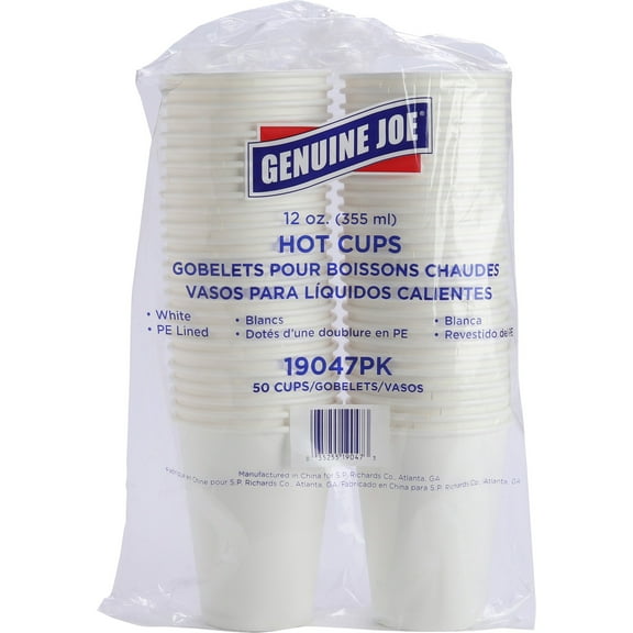 Genuine Joe Lined Disposable Hot Cups - 12 Fl Oz - 250 / Bundle - White - Polyurethane - Hot Drink