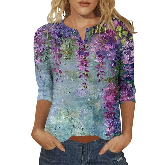 Staron Women's Casual Button V Neck Three Quarter Sleeve T-Shirt Loose Blouse Comfy Relaxed Fashion Top with Pockets, Purple M