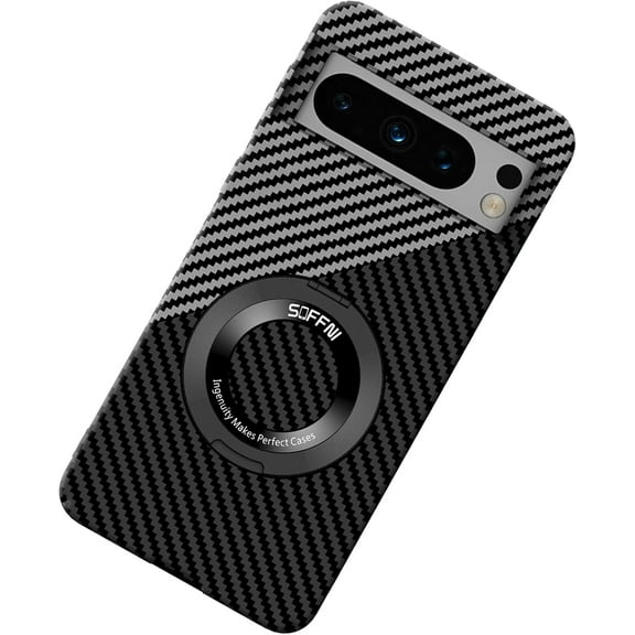 Magnetic Case for Google Pixel 7 Case with Kickstand & Ring Holder, [Compatible with MagSafe] Carbon Fiber Slim Ultra Aramid Fiber Anti-Scratch Shockproof Case, Black&Silver