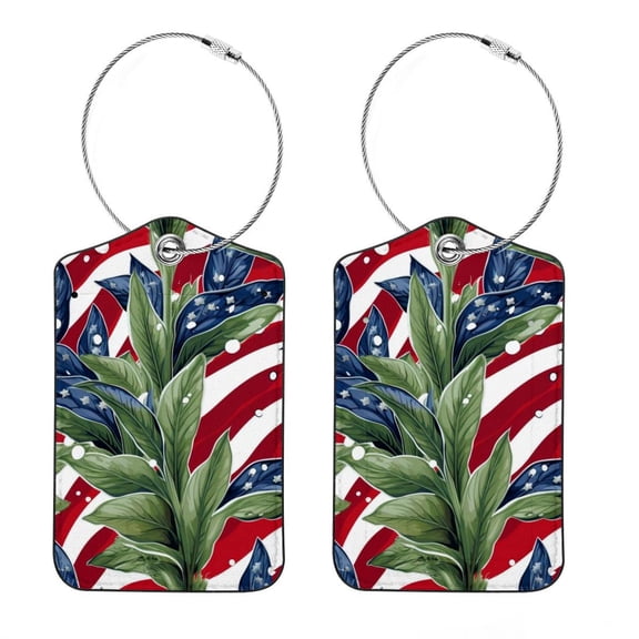 Luggage Tag, Travel Tags, Handbag Tag - Square PU Leather 2 Pack with Privacy Cover and Stainless Steel Ring - Suitable for Travel, Backpack, Handbag [Amazon Approved] American Flag and Plants