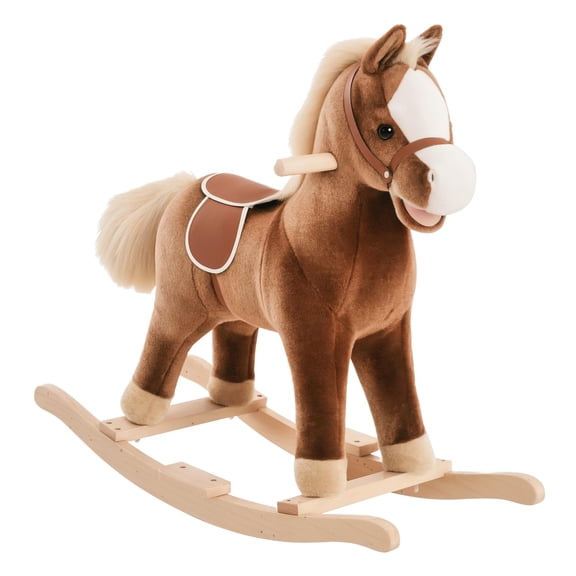 Plush Rocking Horse Toy for Toddlers with Wooden Base Ride On Rocker