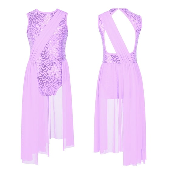 TiaoBug Kids Girls Lyrical Dance Dress Sequin Backless Leotard Performance Costume