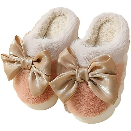 

PIKADINGNIS Women Faux Fur Slippers Winter Cozy Warm Plush Lined House Slippers with Bow Decoration