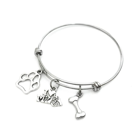 Dog Lover themed charm bracelet. Bangle Bracelet Gift for Dog Owner. Includes Pawprint, Dog Bone, and I Love my Dog Charms.