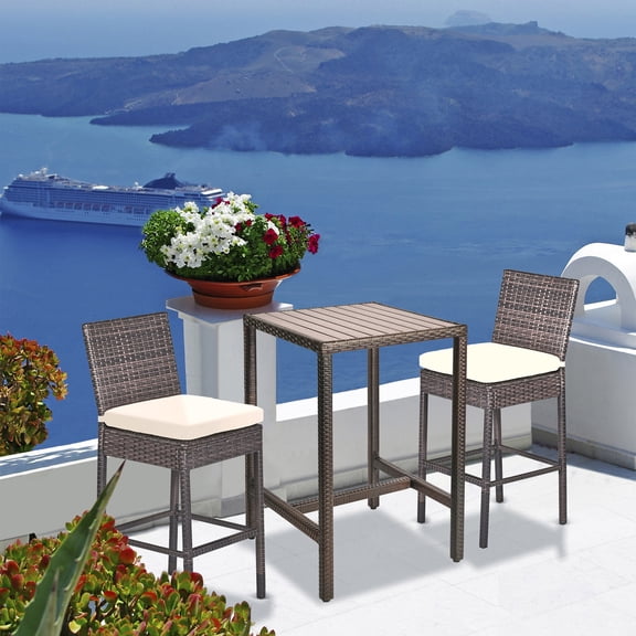 Outdoor Bar Set for Patio 3pcs Outdoor Bar Table and Chairs Set All Weather Bar Height High Top Outdoor Table and Chairs Wicker Bar Stools Set of 2 Tall Patio Table for Outside Balcony Brown (Beige)