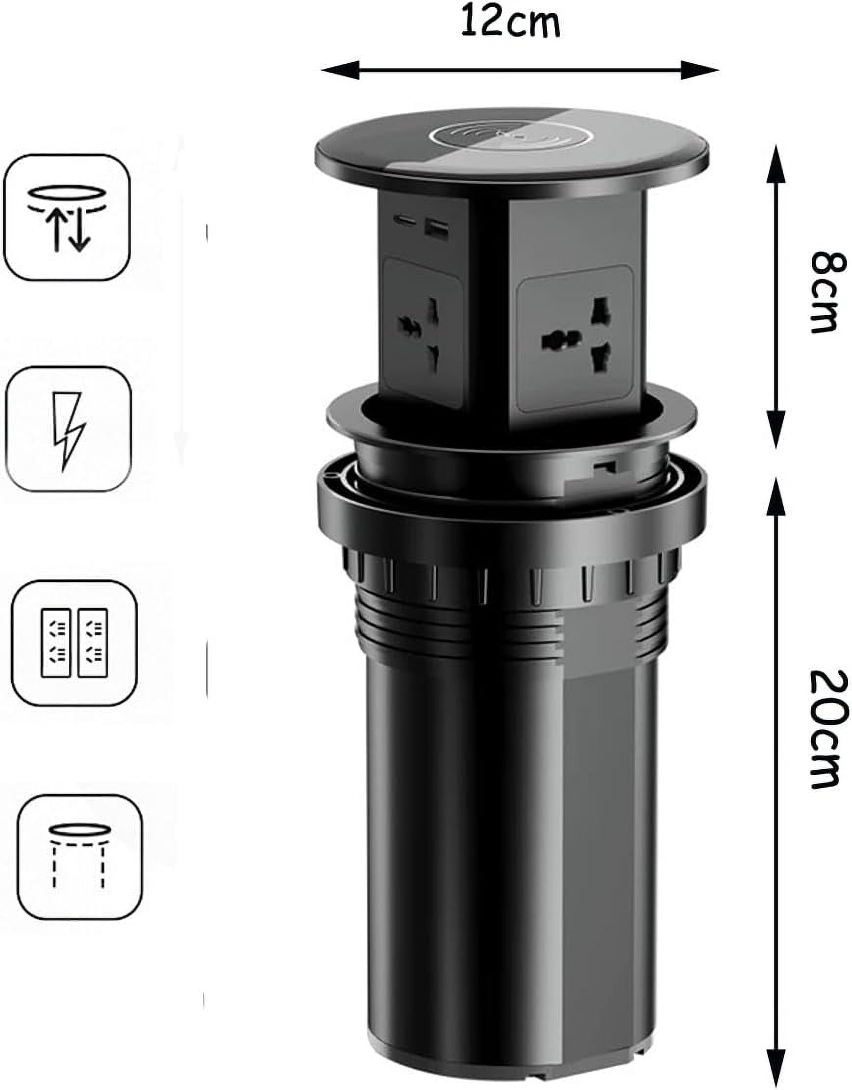 Pop Up Outlet, Automatic Hidden Power Strip with 15W Wireless Charger, 4 AC Outlets Plug with 2.1A USB and PD 20W Type-C Rapid Charge Stations for Countertop Kitchen Conference Workbench