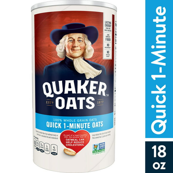 Quaker Whole Grain Oats, Quick Cook 1-Minute Oats, 18 oz Canister