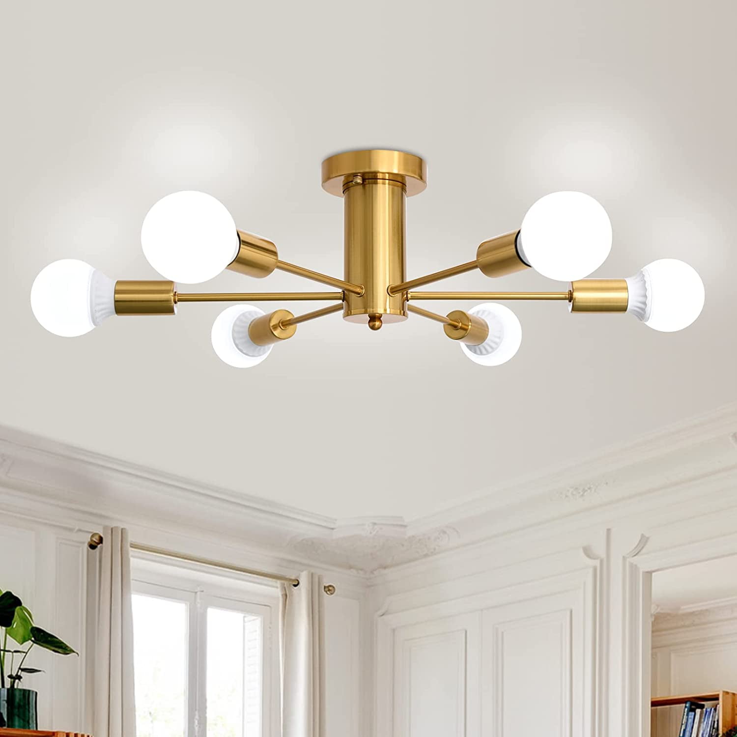 Plafonnier moderne à 6 lumières en laiton brossé semi-encastré avec
