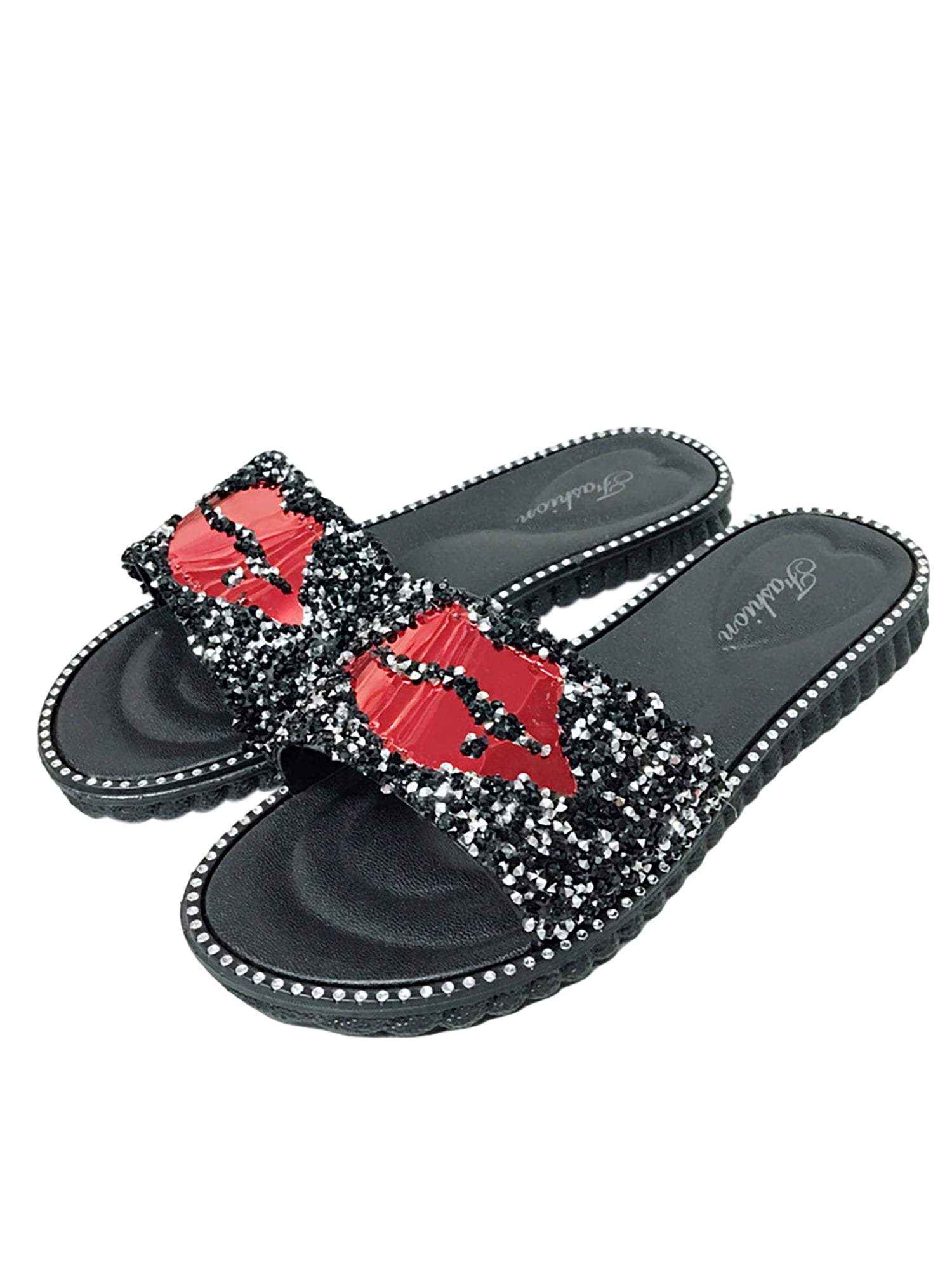 Womens Slip On Diamante Sandals Ladies Toe Post Flat Holiday Beach Slider Mules 