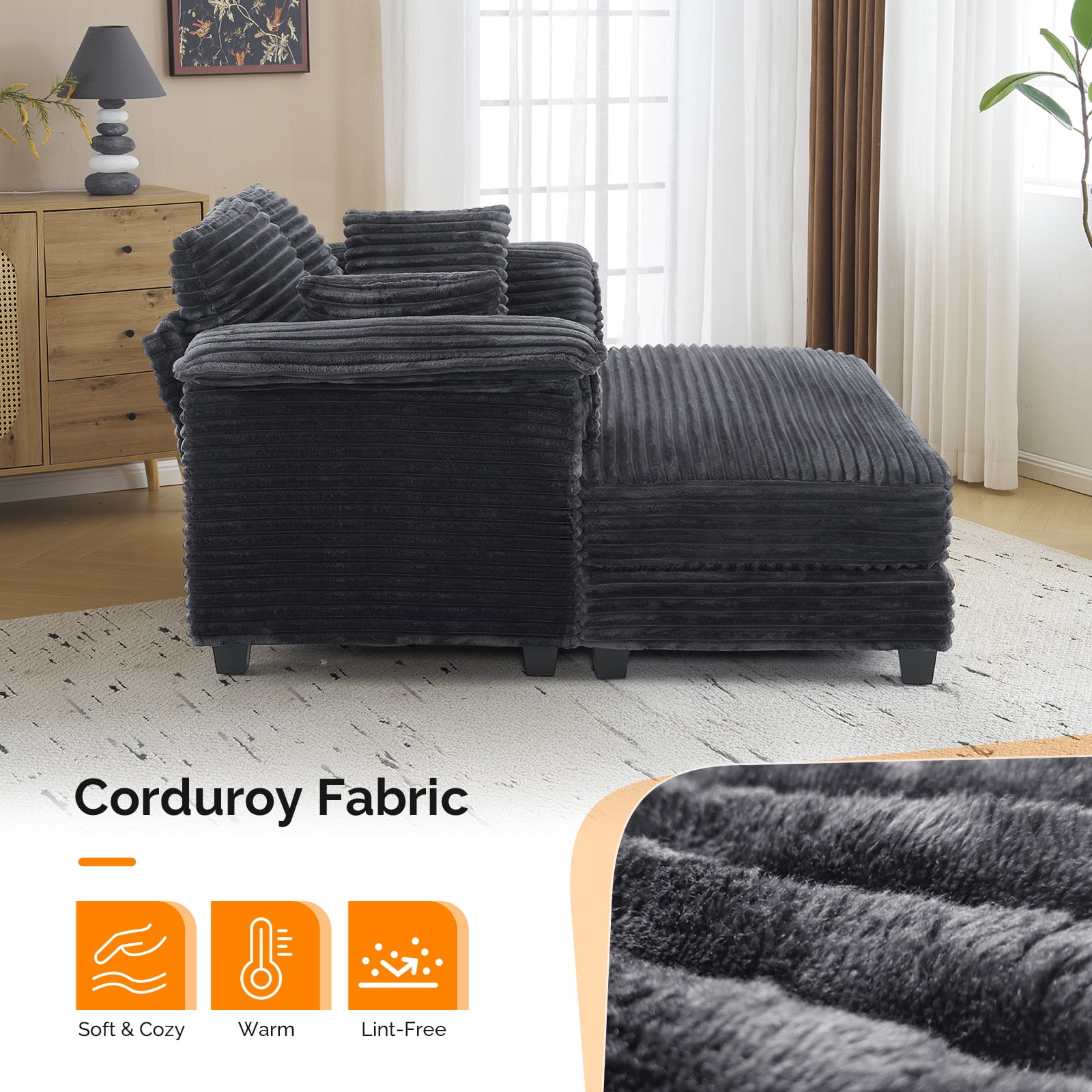 Ktaxon Corduroy Sofa Bed, Upholstered Comfy Sleeper with Pillow Arms, Lounge Chair with Lumbar Support Pillows, Ideal for Small Spaces Dark Gray