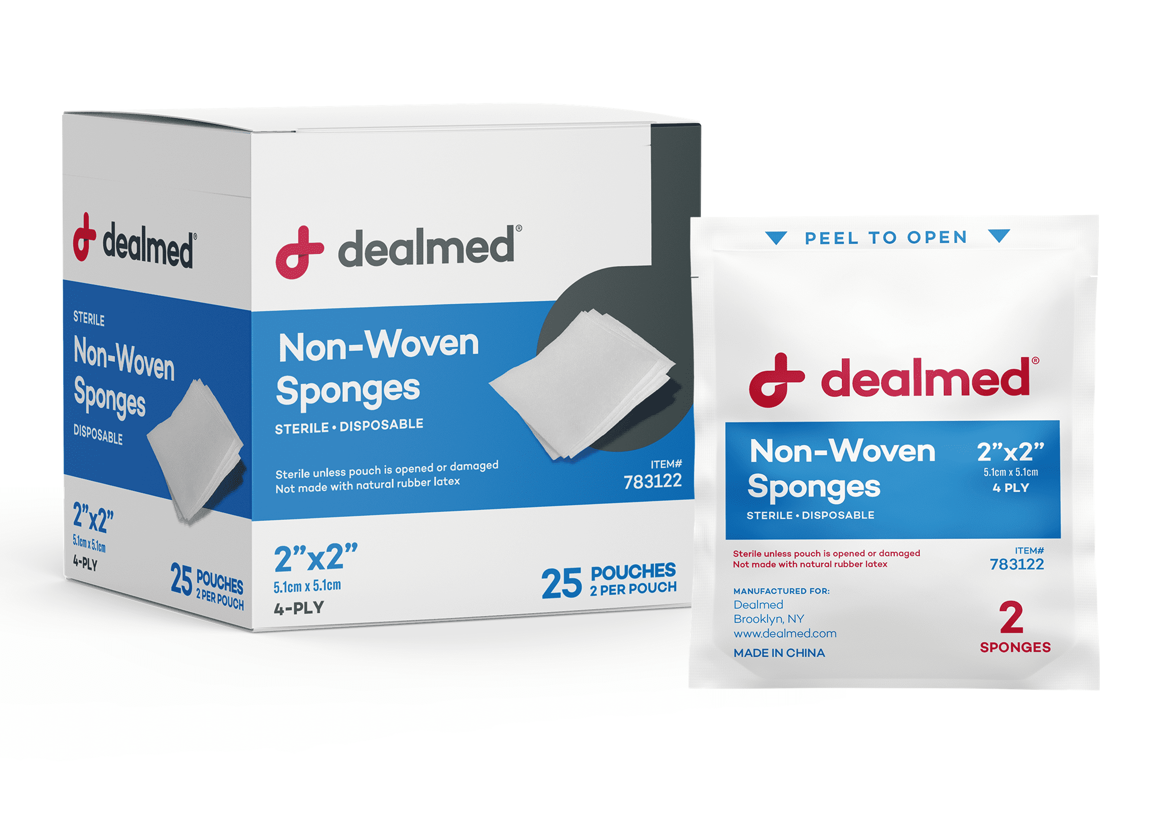 Dealmed 2" x 2" Premium Non-Woven Sponges, 4-Ply Absorbent Gauze Pads for First Aid Kits and Medical Facilities, Sterile 2's, 25 Pouches/Box (Case of 30)