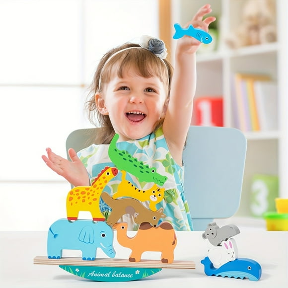 NAOJIE Jouets pour Tout-Petits Animaux Montessori Lot de 10 Blocs d'Animaux en Bois Jouet d'Empilage Cadeaux d'Anniversaire de Noël Jouets Éducatifs Jeu d'Équilibre Motricité Fine