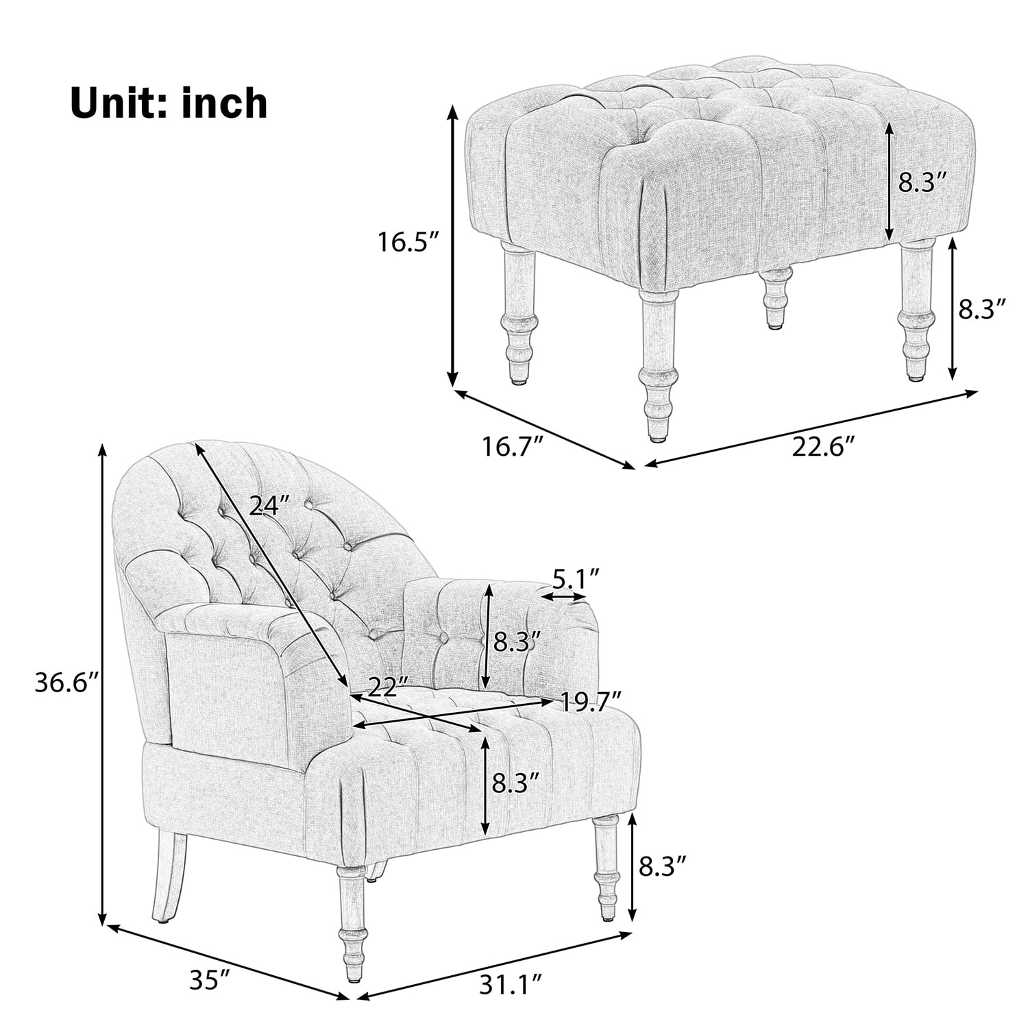 Kadyn Arm Chair for Bedroom, Mid Century Accent Chair with Linen Fabric and Ottoman, Button-Tufted Upholstered Chair Set, Blue