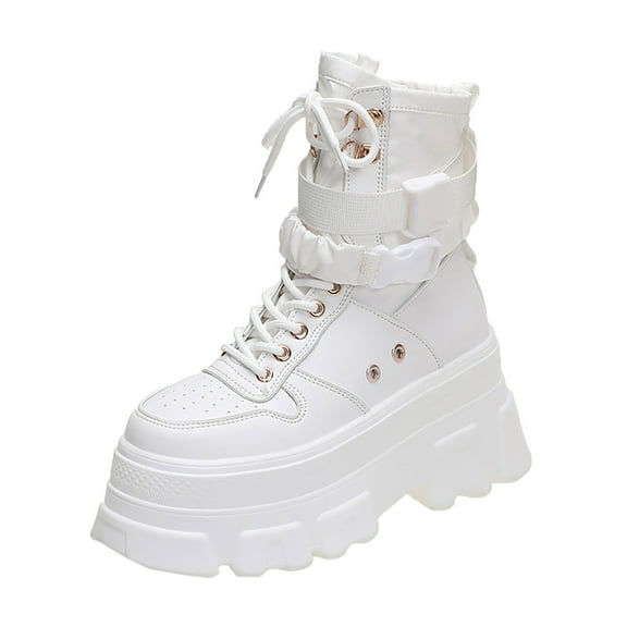 Mepaouo Platform Ankle Boots for Women High Heel Booties Goth Round Toe Combat Boots(White,6.5)