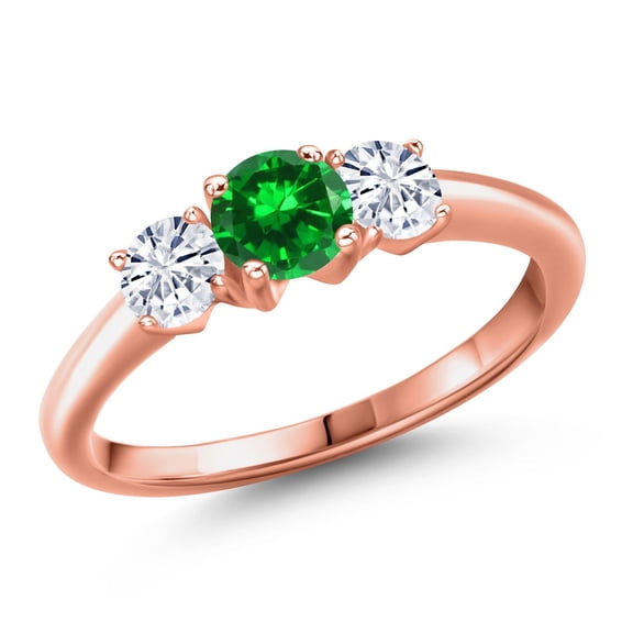 Gem Stone King 18K Rose Gold Plated Silver Green Created Emerald and White Moissanite Engagement Ring for Women | 1.30 Cttw | Round 5MM | Gemstone May Birthstone | Size 9