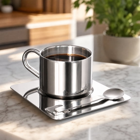 Brondbend Stainless Steel Coffee Mug Set With Tray Integrated Metal Serving Cup Polished Finish Drinkware Comfortable Handle Hot Cold Modern Gift Choice Household Cafe