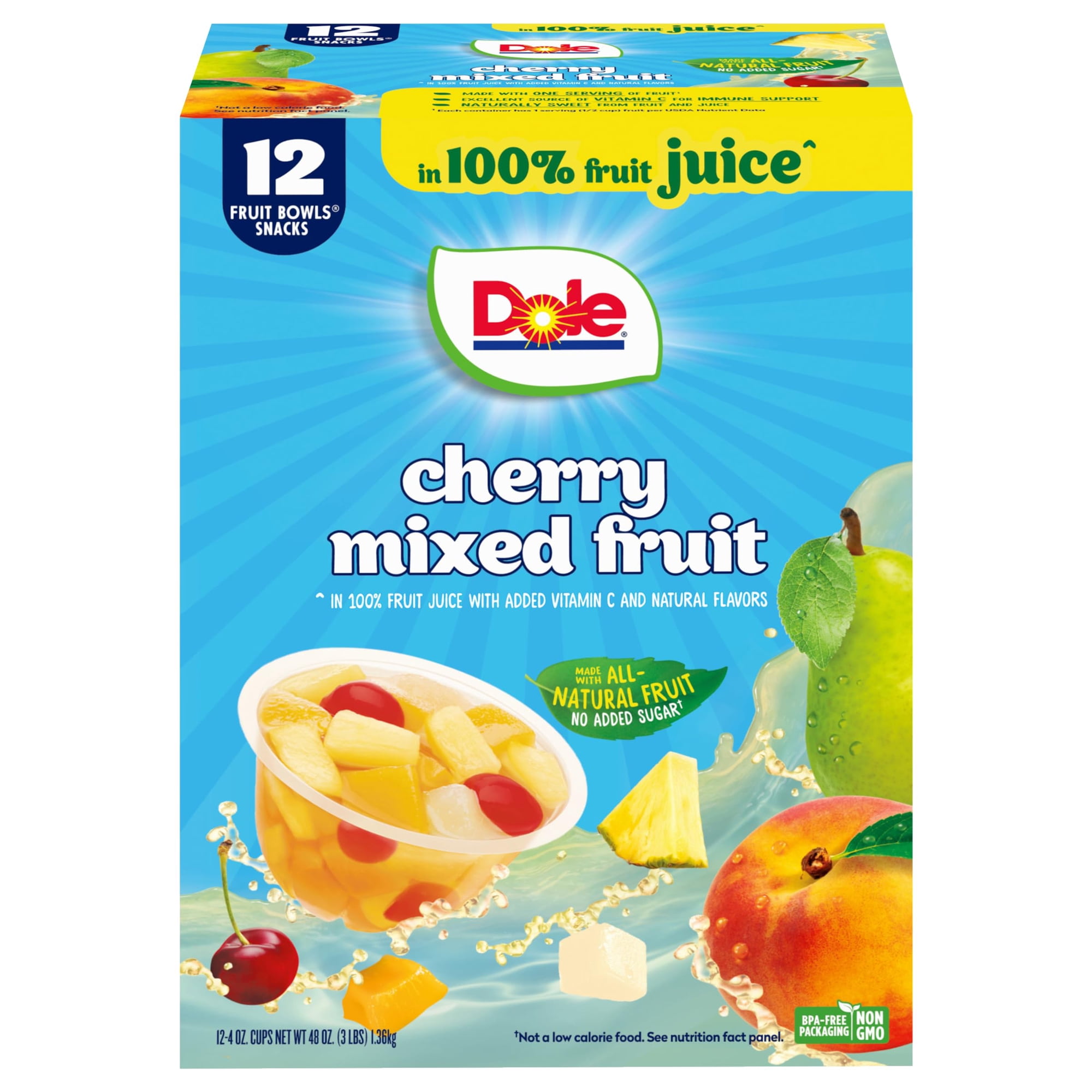Dole Fruit Bowls Cherry Mixed Fruit in 100% Fruit Juice, 4 oz Cups (12 Pack)