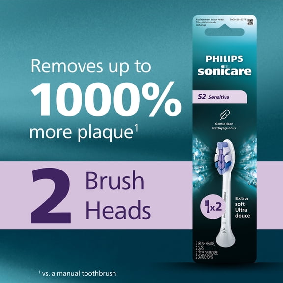 Philips Sonicare S2 Sensitive - Genuine Replacement Electric Toothbrush Heads, White, 2 Pack, HX6052/77
