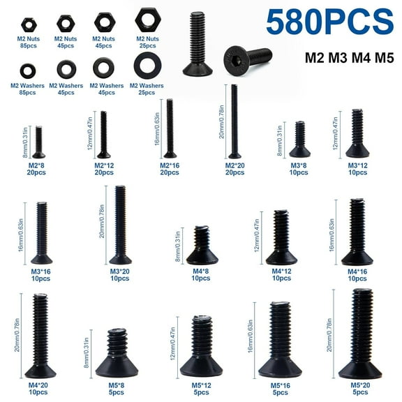 GHRTGR-M2 M3 M4 M5 Flat Head Socket Cap Screws Countersunk Bolts, Hex Drive, 12.9 Carbon Steel Screw, Full Thread, Black Oxide, 580PCS Metric Screw Bolts Nuts Washers Assortment Kit