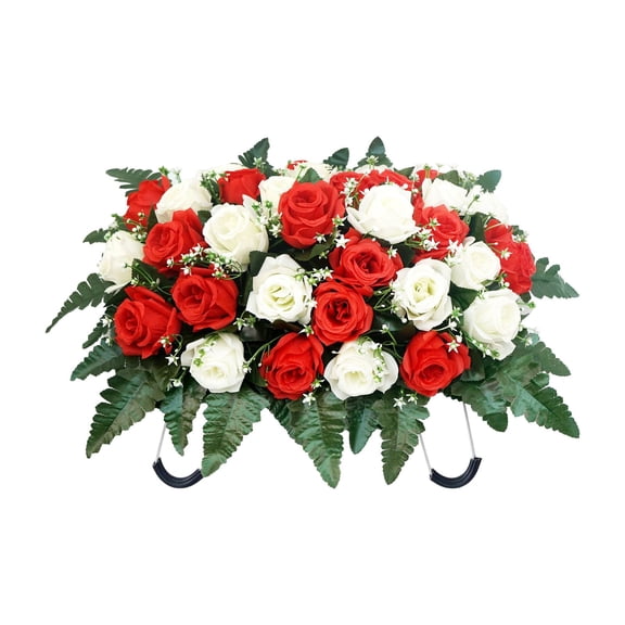 FTsdfkl 20Inch Cemetery Flowers for Grave,Headstone Flower Saddle,Flowers for Cemetery Grave Decoration Headstone Flower Saddle for Headstone Decoratio (Red White)