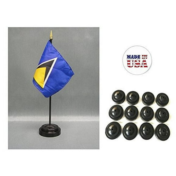 Box of 12 Saint Lucia 4"x6" Miniature Desk & Table Flags Includes 12 Flag Stands & 12 St Lucian Small Mini Stick Flags