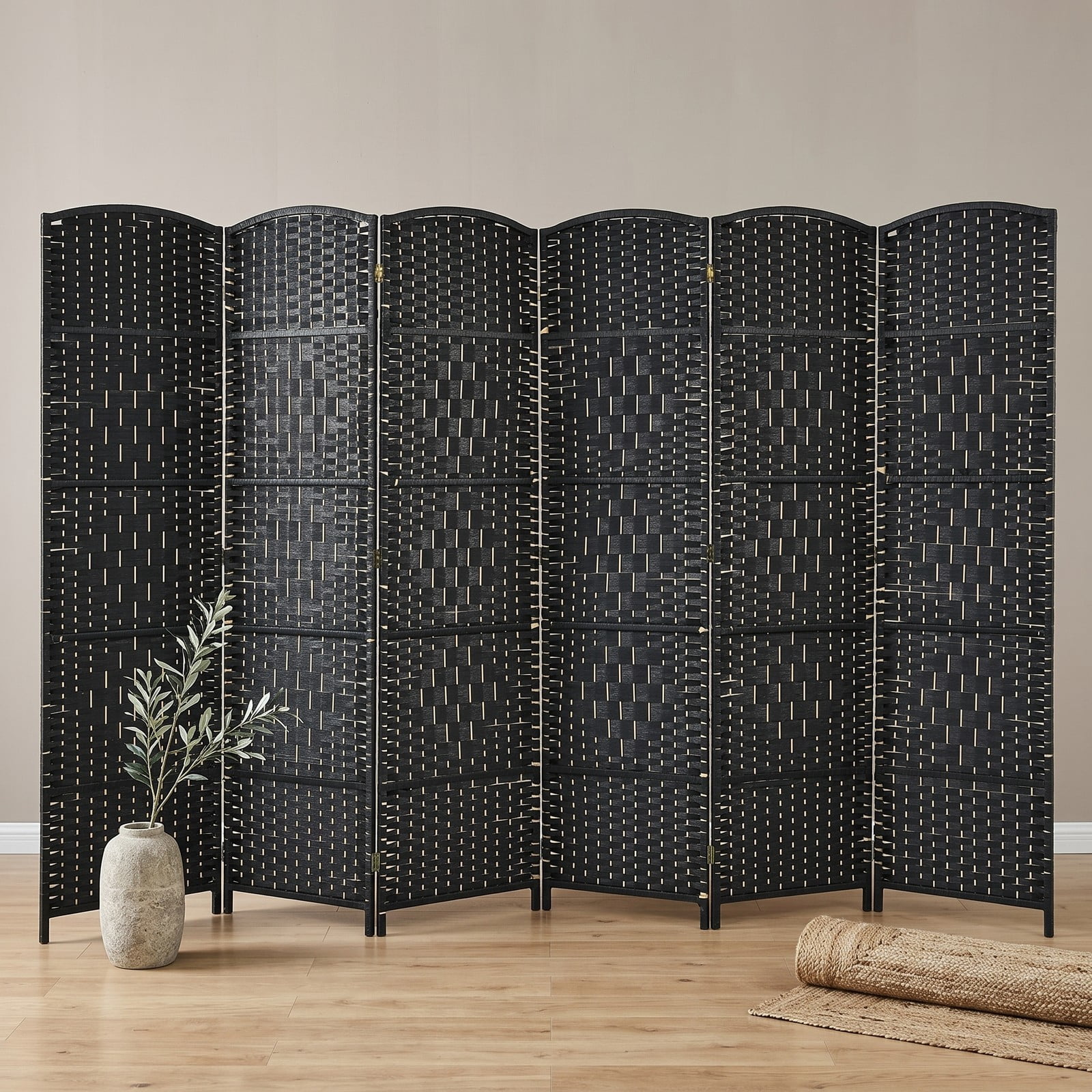 ALPULON 6.5Ft 6-Panel Handwoven Fiber Folding Room Divider Screen, Freestanding Privacy Partition with Sturdy Poplar Frame for Living Room Bedroom Office Home, Black