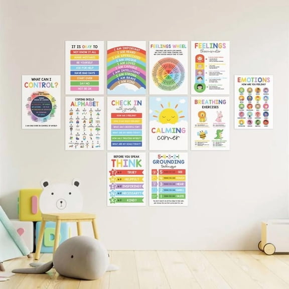 12-Pack Calming Corner Room Posters, Feelings Wheel & Emotion Chart, Mental Health Wall Decor for Therapy Office & Home