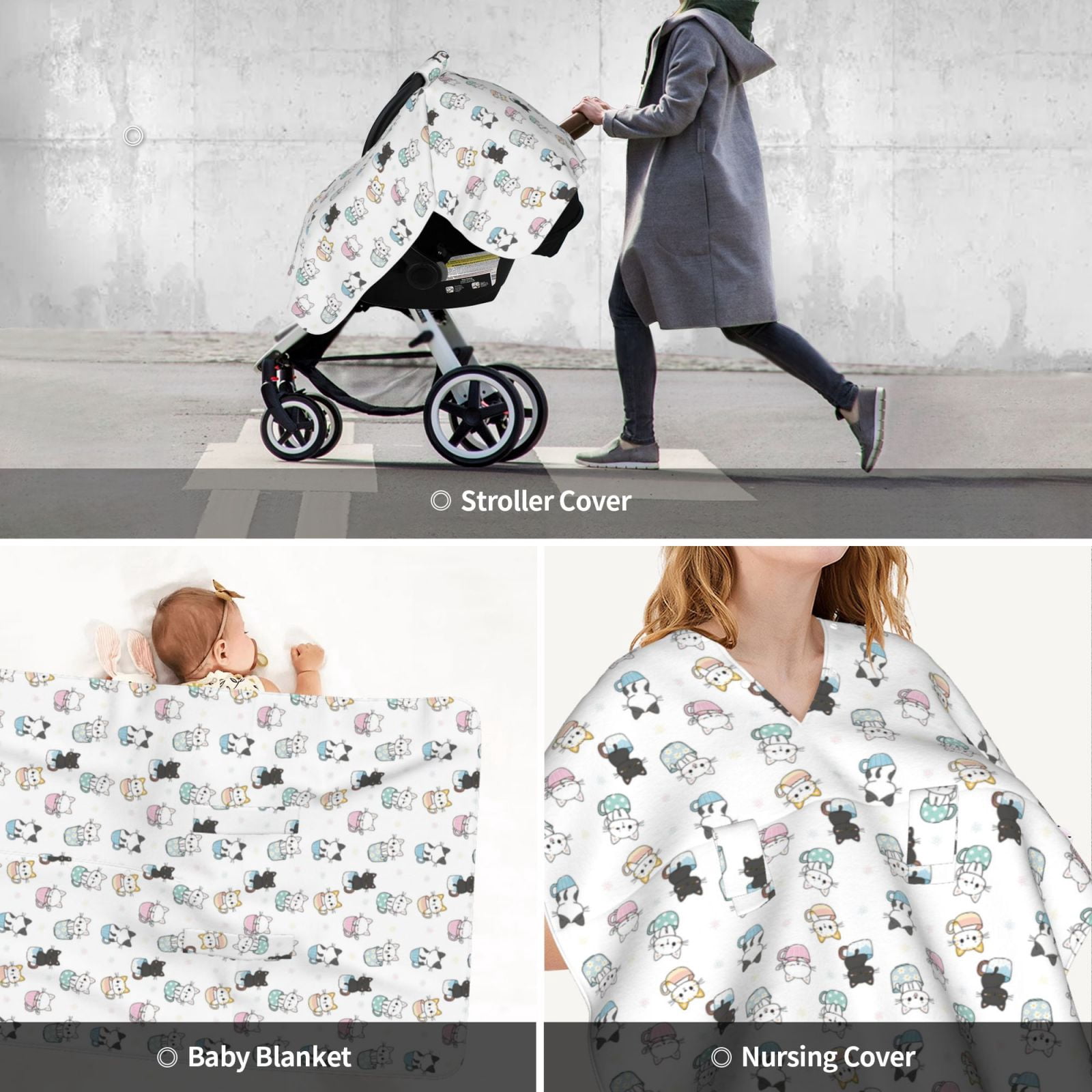Car Seat Cover Baby - Cute Cartoon Hand Drawn Cat Breathable Infant Car Seat Cover for Baby Carseat, Lightweight Comfort Baby Essentials Must Haves Newborn Stuff for Girl Boy