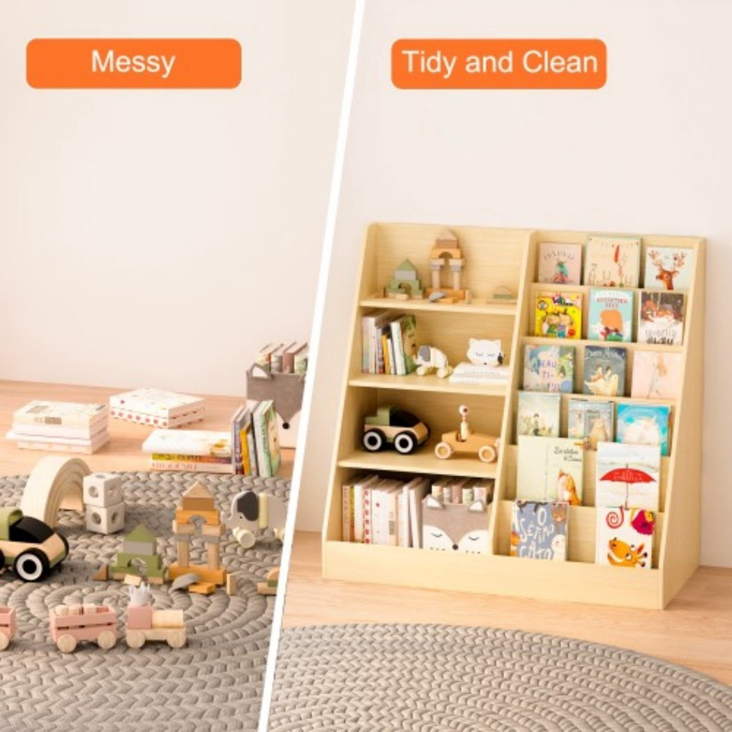 Kids Bookshelf and Toy Storage Organizer, Wooden Kids Bookcase with Multi-Level Shelves & Toy Storage, Children's Book Display Stand for Playroom, Nursery & Kids Room, Natural