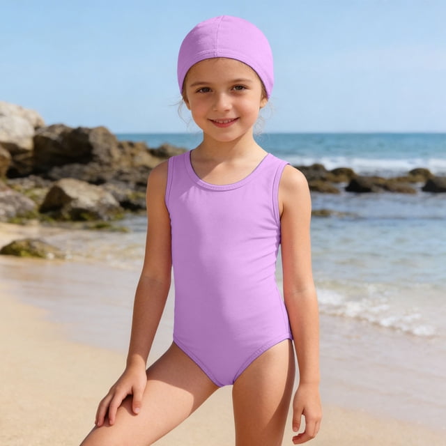Girls Swimwear Solid Color with Matching Swim Cap for Girls Comfort and Easy Care Bathing